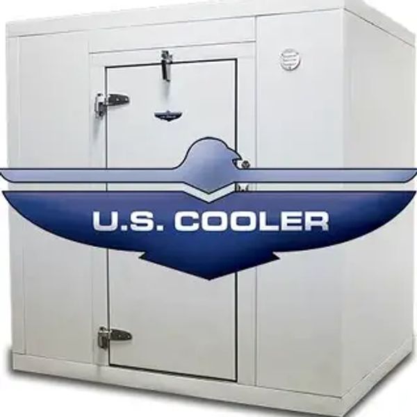 A large white commercial cooler with U.S. Cooler logo on it.