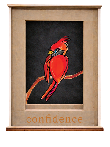 Vibrant red bird perched confidently on a branch with the word 'confidence'.