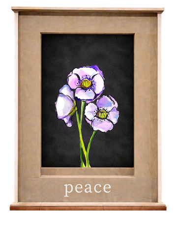 Framed artwork of delicate purple flowers with the word 'peace'.
