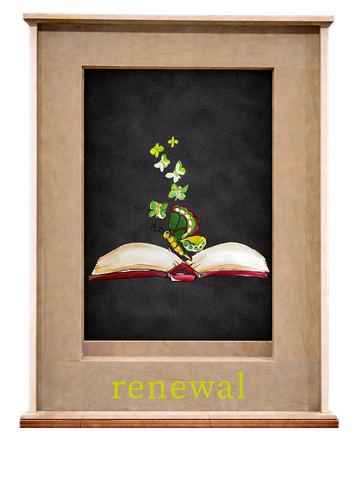 Open book with butterflies emerging, symbolizing renewal.