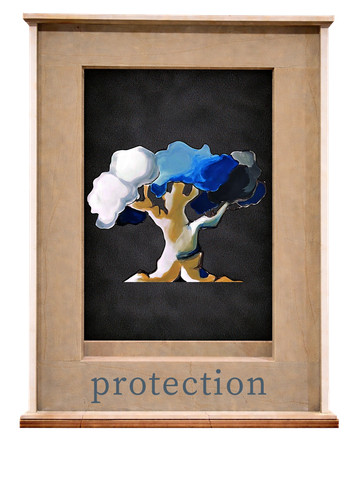Artistic tree painting symbolizing protection in a wooden frame.