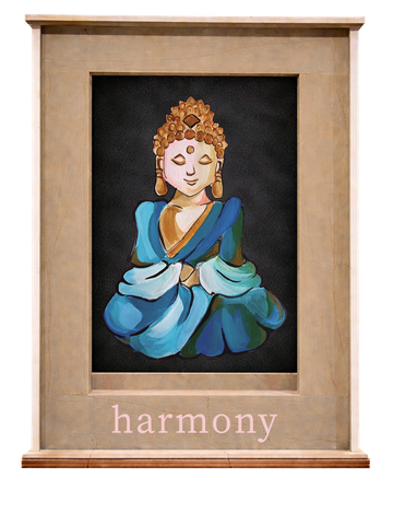 Framed artwork of a meditative figure with 'harmony' text below.