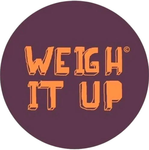 Weigh it up logo, orange writing on burgandy
