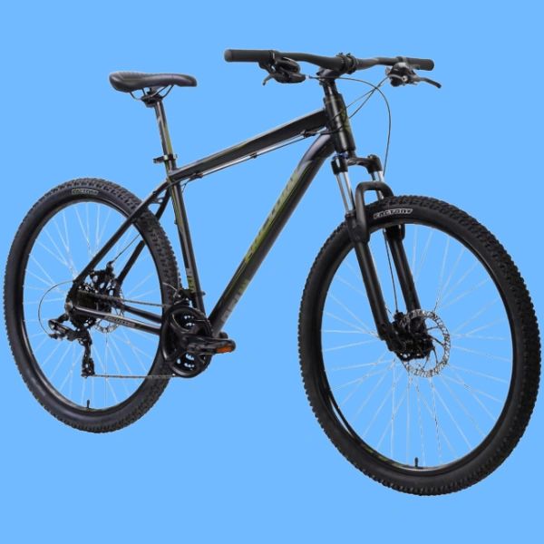 Black mountain bike with thick tires and front suspension.