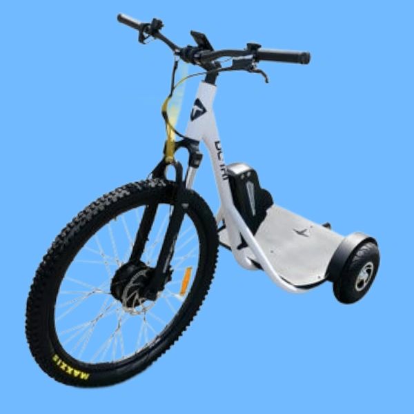 Electric tricycle with a large front wheel and two small rear wheels.