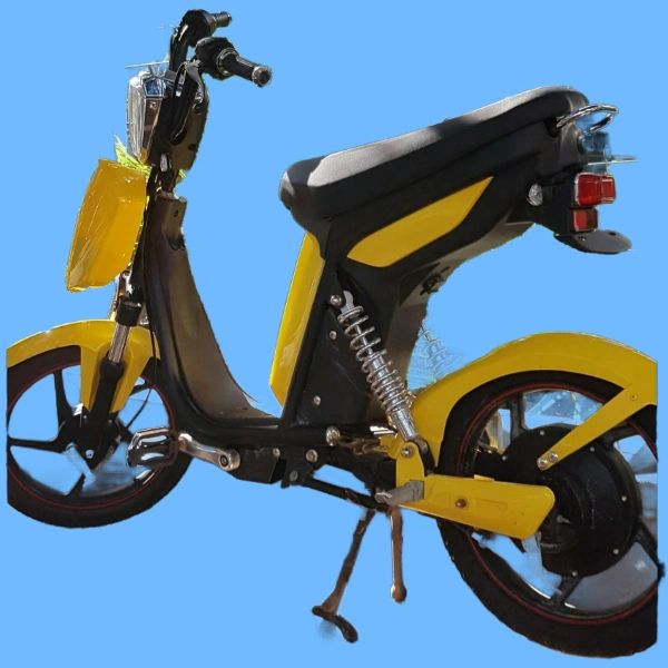 Yellow and black electric scooter against blue background.
