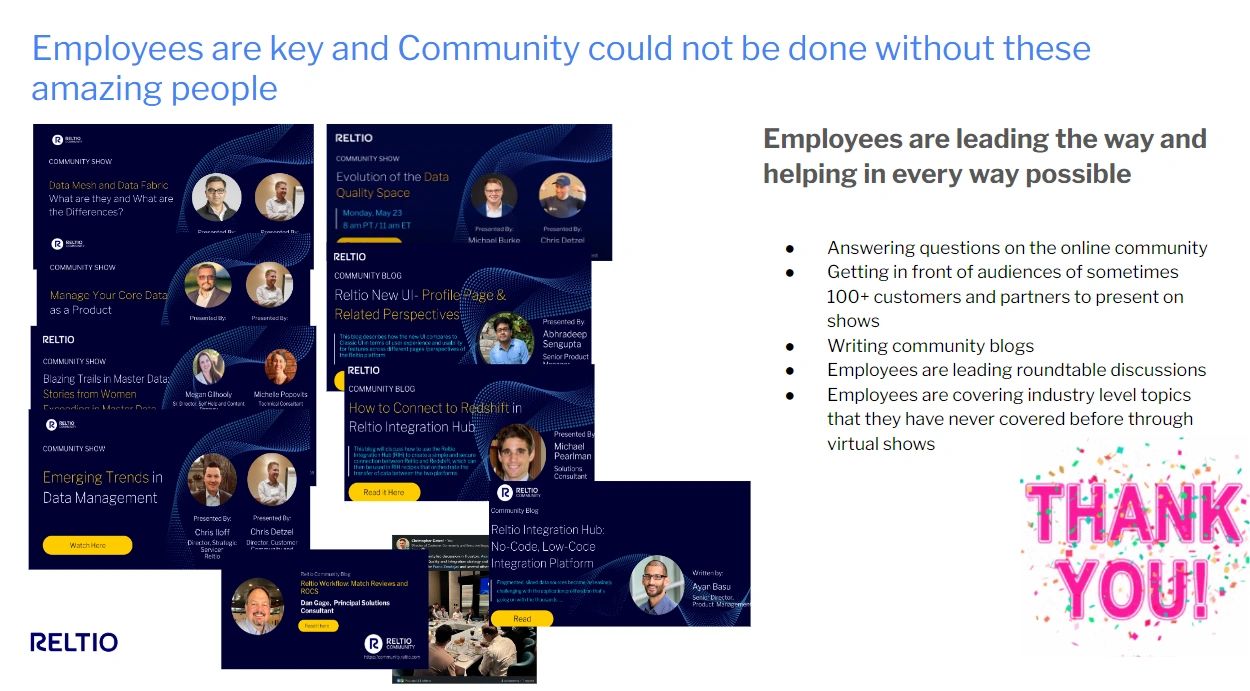 Part of the metrics story on Reltio's Community is the Employees. Without them the online community would not be successful Part of the metrics story on Reltio's Community is the Employees. Without them the online community would not be successful