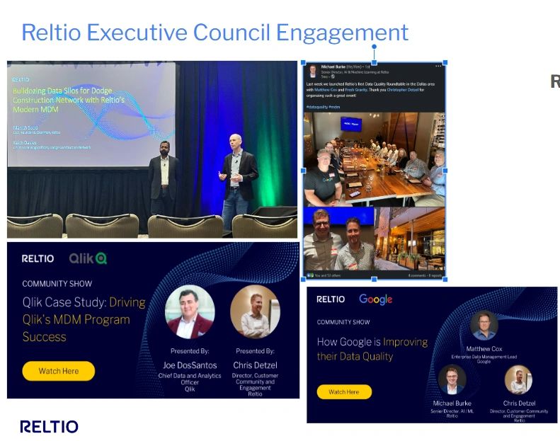 Reltio Executive Board / CAB members are speaking at Forrester Research Events, Gartner Events, Reltio webinars and Reltio Roundtables Reltio Executive Board / CAB members are speaking at Forrester Research Events, Gartner Events, Reltio webinars and Reltio Roundtables