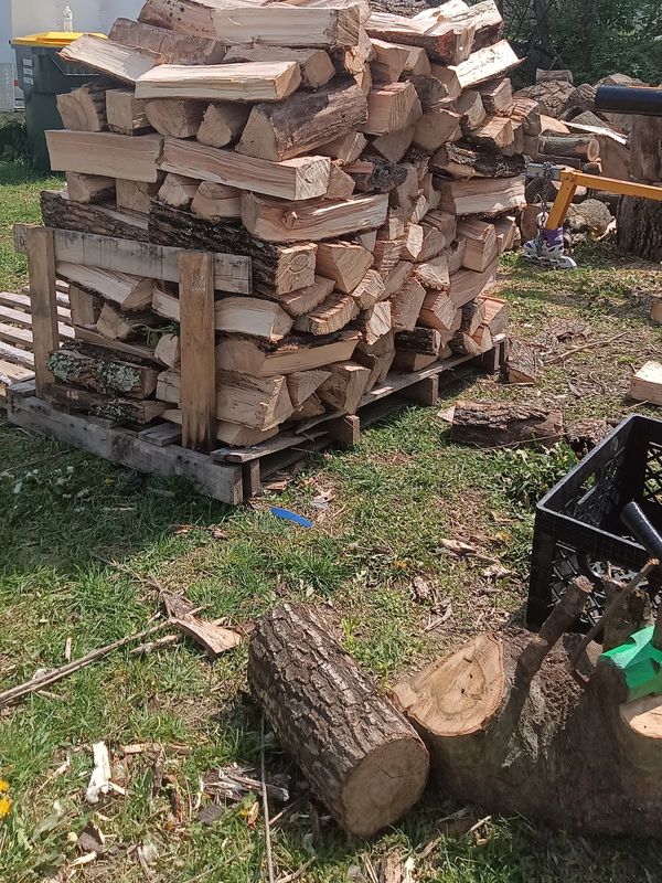 1/2 cord of firewood stacked neatly on pallet.