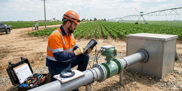 Worker inspects irrigation system in a green field.