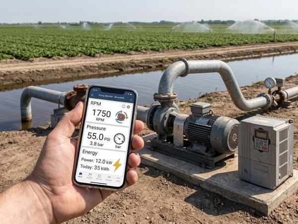 Person monitors irrigation pump performance using a mobile app in a large agricultural field.