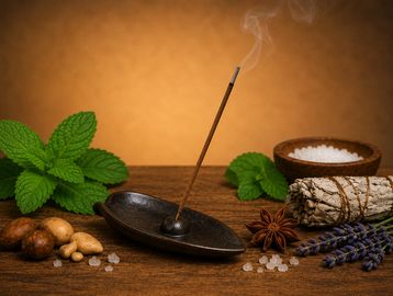 Burning incense stick with herbs and salt on wooden table.
