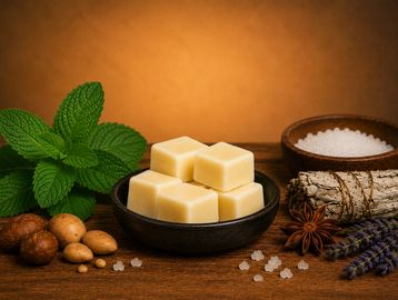 Natural soap bars with spa elements on wooden surface.