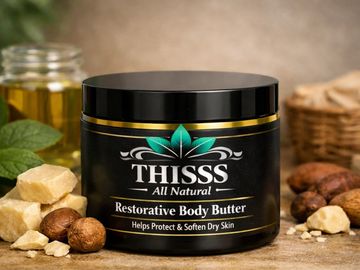 Jar of THISSS Restorative Body Butter on a wooden surface.