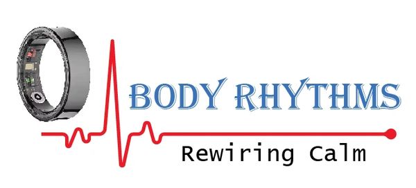Logo combining a smart ring and heartbeat line with text 'BODY RHYTHMS Rewiring Calm'.