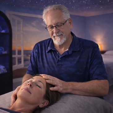 Man giving a relaxing head massage to a woman in a cozy room.
