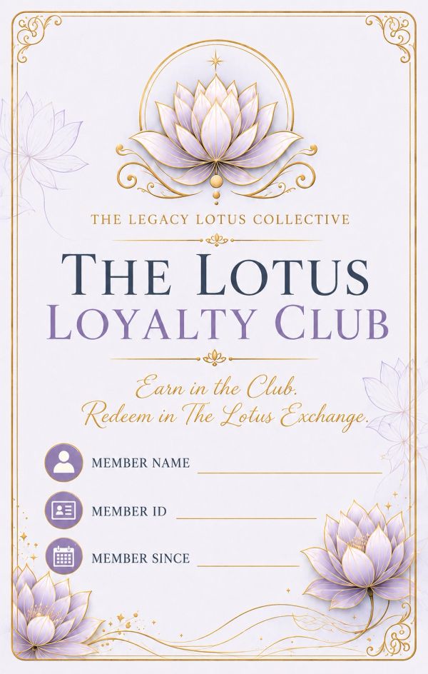 Membership card for The Lotus Loyalty Club with decorative lotus design.