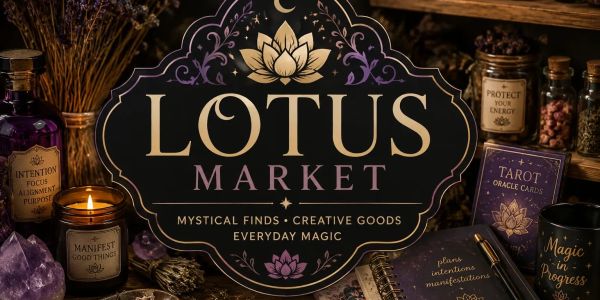 Mystical Lotus Market sign with magical items and candles.
