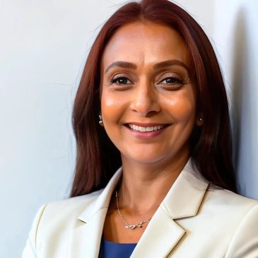 Confident woman with red hair smiling, dressed in a white blazer.