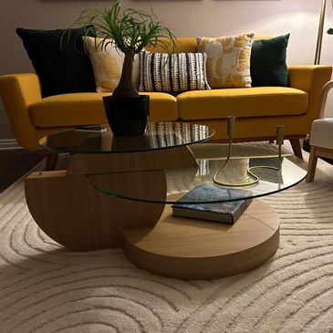 Abstract circular wood and glass table