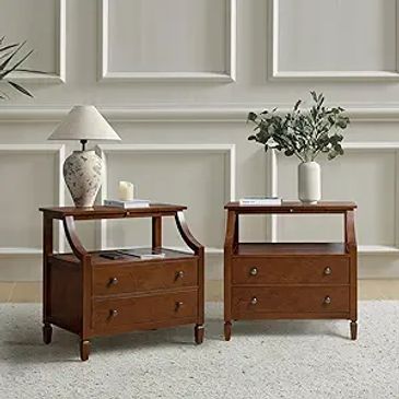 Dark wood side tables featuring a charging station and two drawers