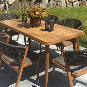 Outdoor nine piece dining set wood tables and chairs with cushion, 8 chairs and two tables