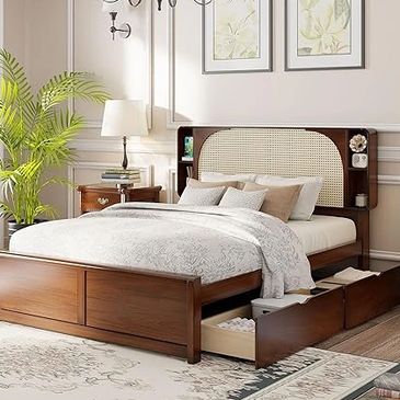 Wood frame with a rattan center and plenty of storage