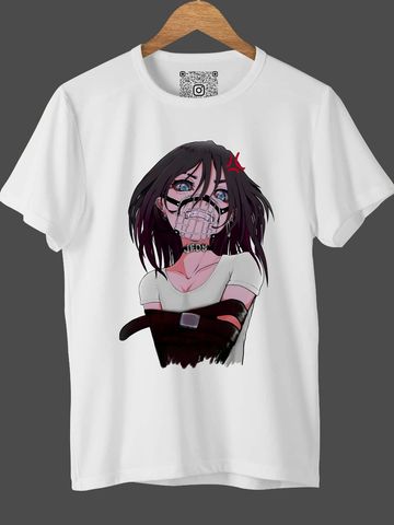 Anime character with dark hair and a mask on a white t-shirt.