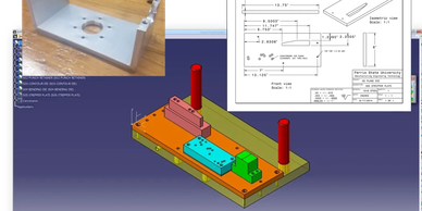 3D CAD model of a mechanical fixture with inset images of a metal part and technical drawing.