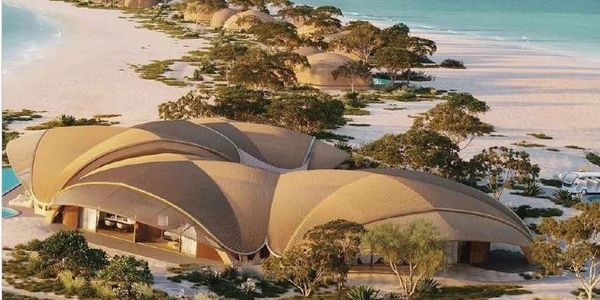 A futuristic beach house with curved, organic roofs near the shoreline.