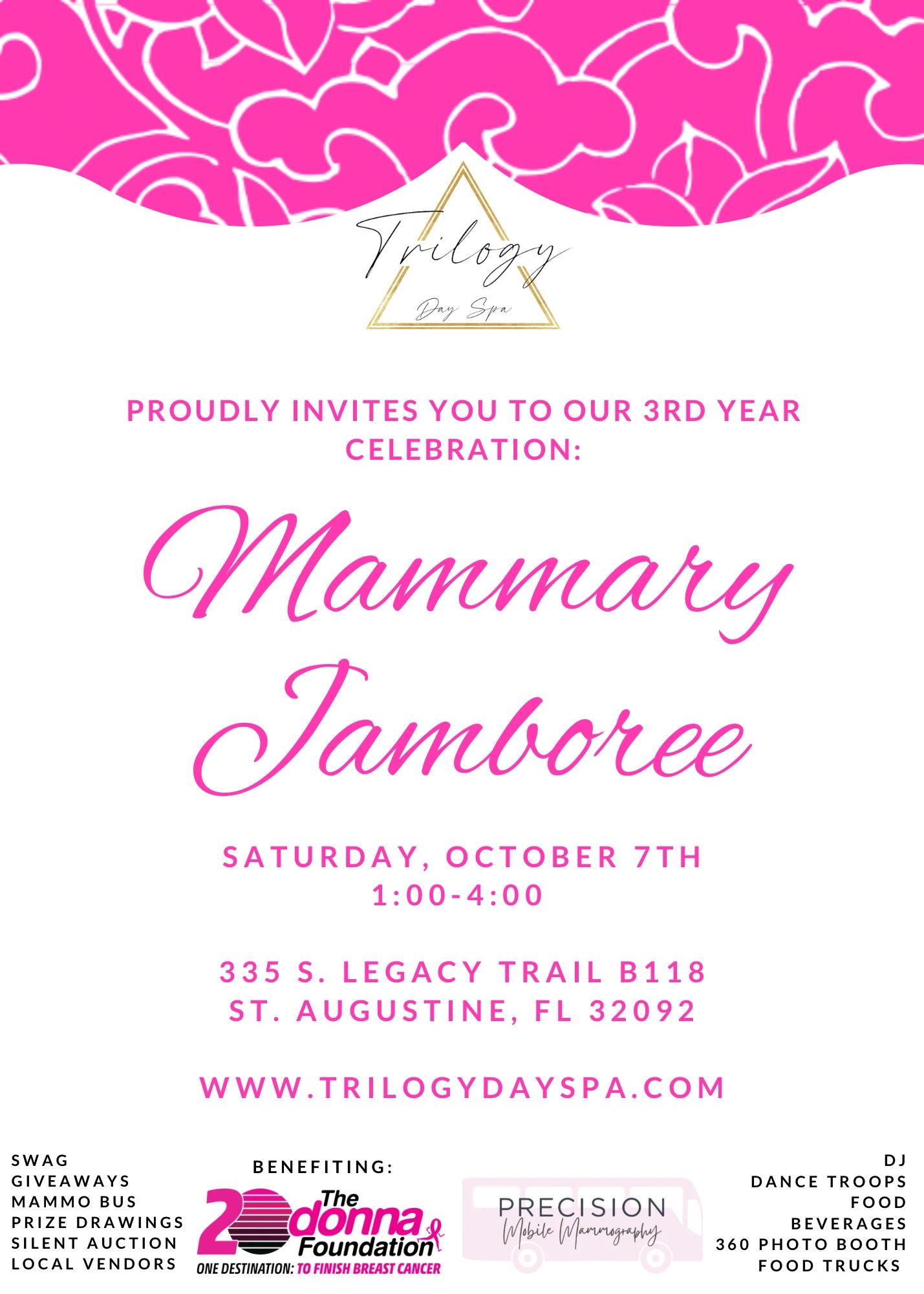 Invitation for Mammary Jamboree breast cancer event by Trilogy Day Spa.