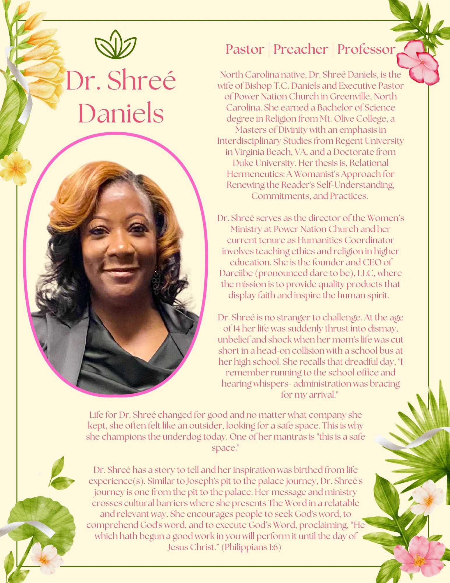 Profile of Dr. Shree Daniels, a pastor and professor with a strong educational and spiritual background.