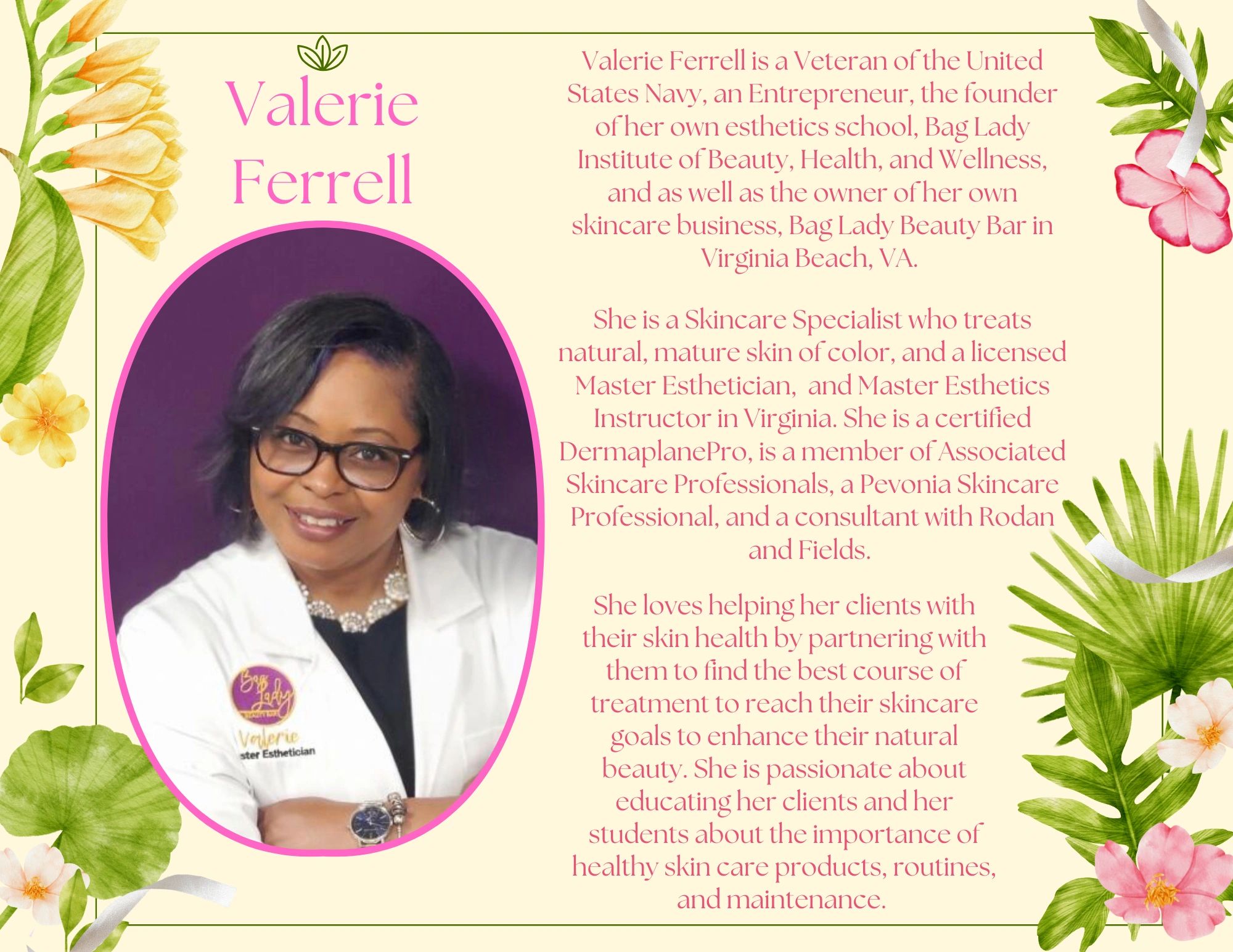 Valerie Ferrell, Navy Veteran and skincare expert in Virginia Beach.