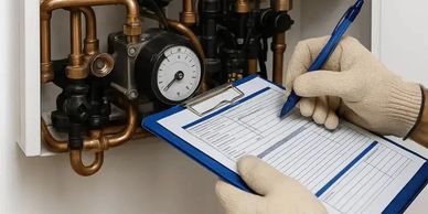 Technician inspecting boiler with clipboard.