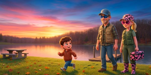 Animated family enjoying a lakeside sunset together.