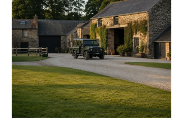 A rustic stone farmhouse with a vintage green SUV parked outside under soft evening light.