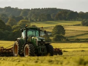A green tractor working in a lush green field with rolling hills in the background.
