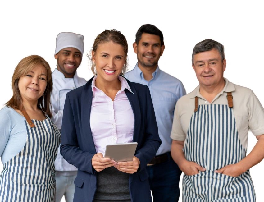 Smiling team of five people with tablet