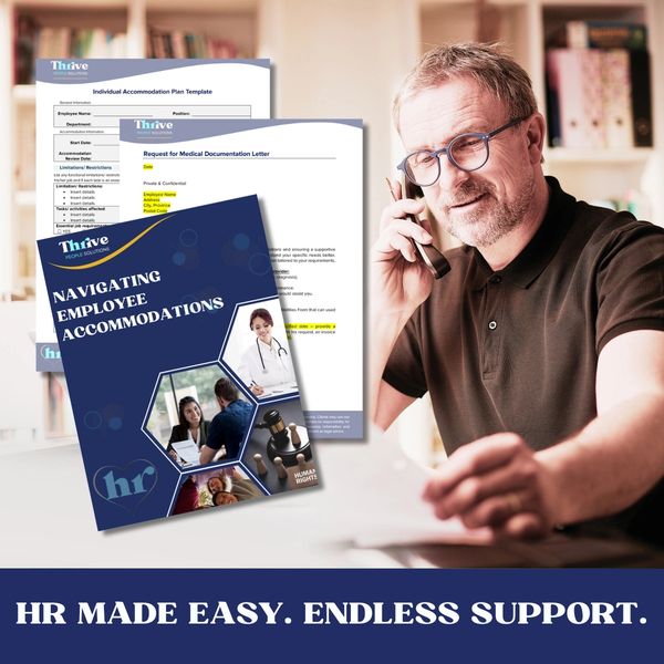 Business owner on the phone with images of employee accommodation paperwork and resources