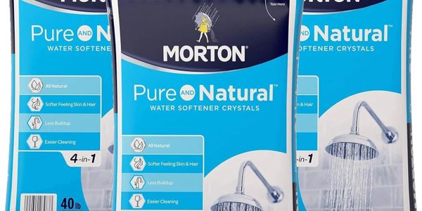 Morton Pure and Natural water softener crystals packaging with showerhead image.