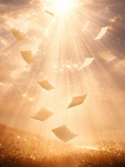 Glowing papers float upwards into radiant sunlight through a golden sky.