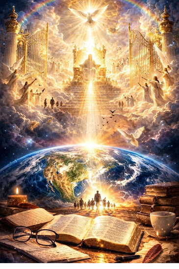 Heavenly vision with golden gates, divine light, and people ascending from Earth towards a radiant throne.