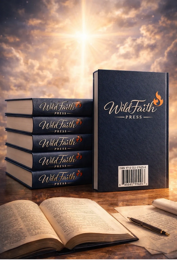 Stack of WildFaith Press books with an open book and pen on a wooden table under a radiant sky.