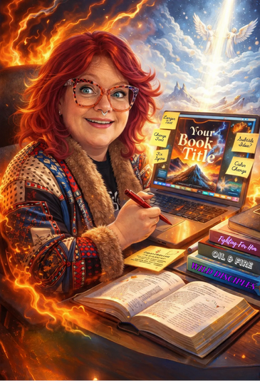 Woman designing a book cover on her laptop with fiery and heavenly background elements.