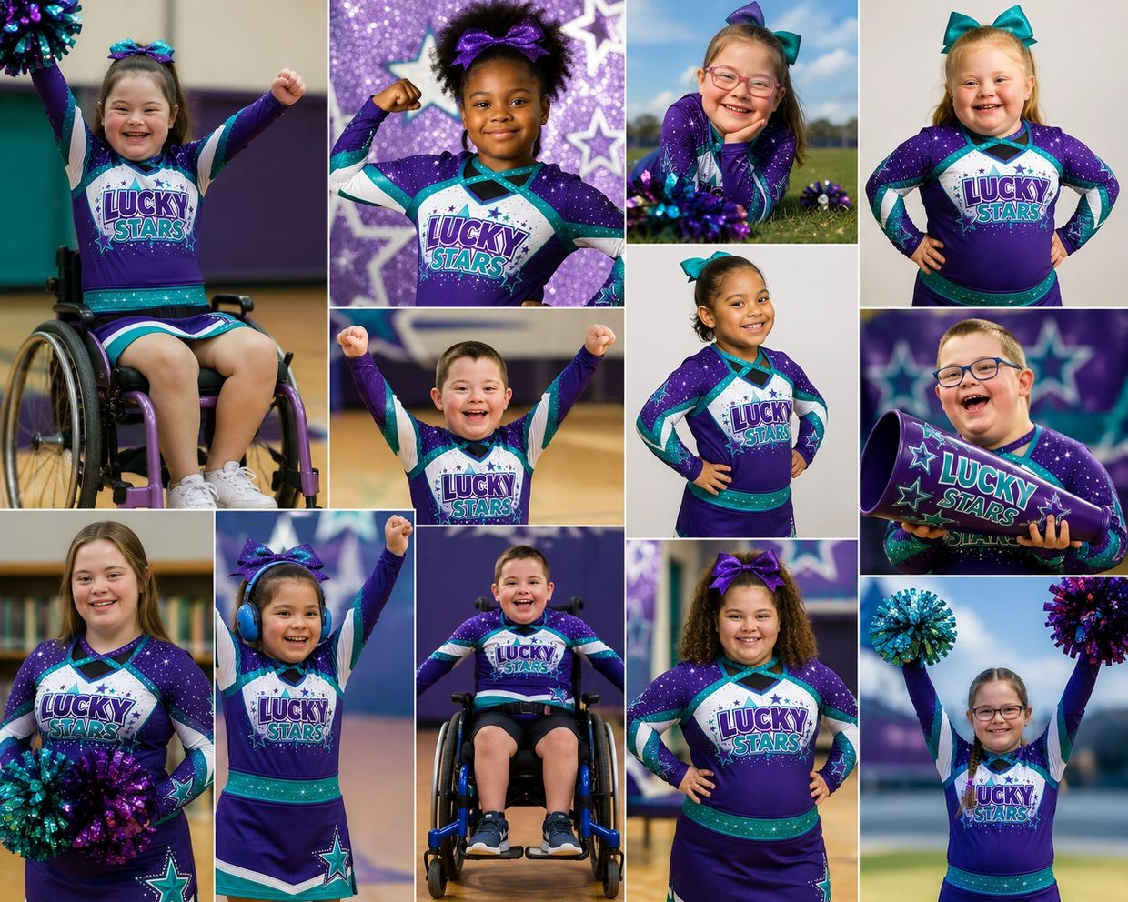 Cheerful Lucky Stars cheerleaders in uniforms striking poses and smiles.