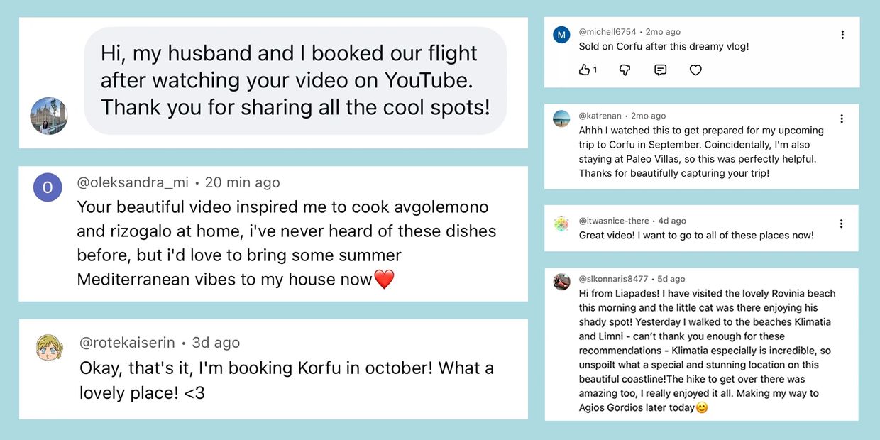 Users praise a travel video about Corfu, sharing plans and appreciation.