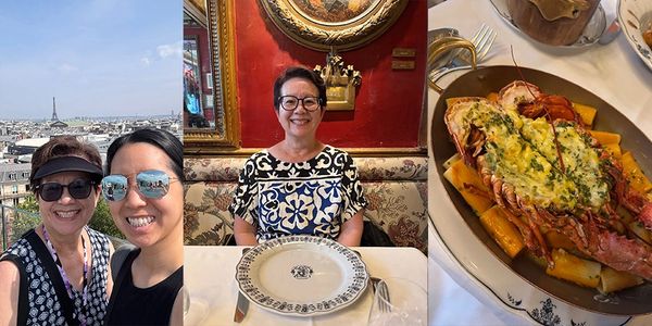 Two women in Paris, a woman waiting at a restaurant, and a lobster dish.