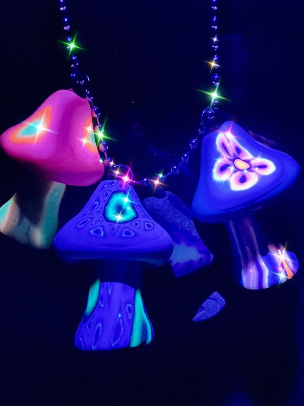 Magic Fimo mushroom necklaces, black light reactive