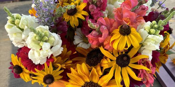 U-Pick flower bouquets that include sunflowers, snapdragons, zinnias, and dahlias. 