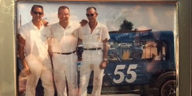 National. Champion Frank Lies with Bob White and Kenny Riffle and race car blue 55